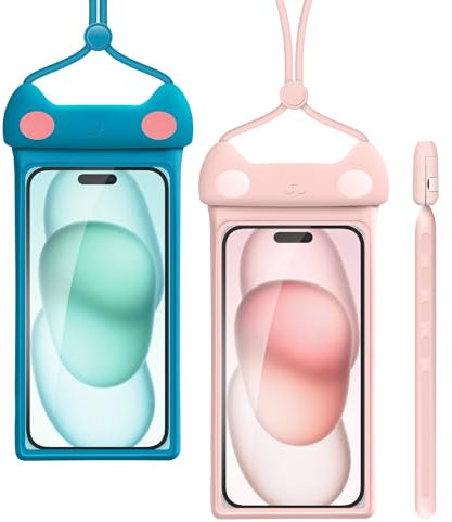 2 Stück schöne wasserdichte Handytasche mit Umhängeband, Handy, IP8X, Tauchen, Outdoor, Strand, Unterwasser, bis zu 17.8 cm, Universal-Handyhülle, Trockentasche, 3D, nahtlos, HD, TPU, Rosa, Blau