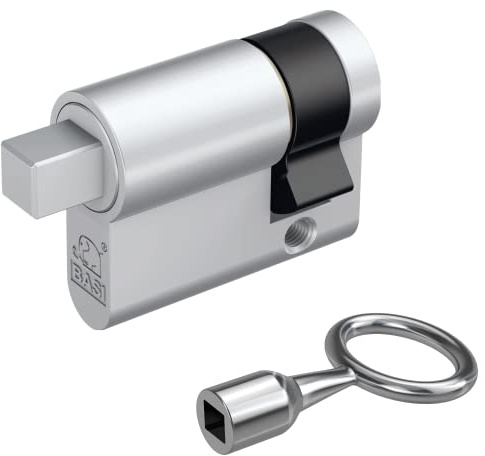BASI | Vierkant Halbzylinder 10/30 mm mit passenden Dornschlüssel | Vierkant Zylinder | 8 mm außenliegend | für Absperrpfosten Schaukästen Feuerwehr Müllbehälter Schlüsselschalter