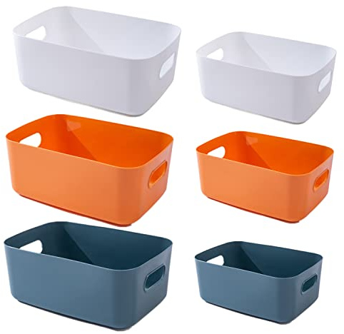 6 Stück Kunststoff Aufbewahrungsboxen,Mehrere Farben Organisation Aufbewahrungskörbe für Küche,Schrank,Büro,Bad,Spielzeug,Home Tidy Open Storage Bins mit Griffen(3pcs 24x17.5x9.5cm + 3pcs 20x14x7cm)