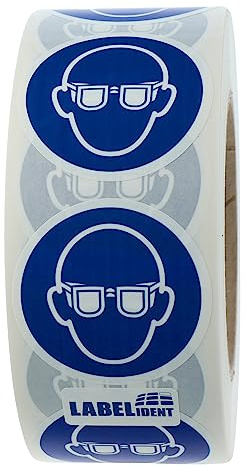 Labelident Gebotszeichen Aufkleber Ø 50 mm - Augenschutz tragen M004-1.000 Gebotsschilder selbstklebend in 1 Rolle/n, Polyethylen Folie blau-weiß