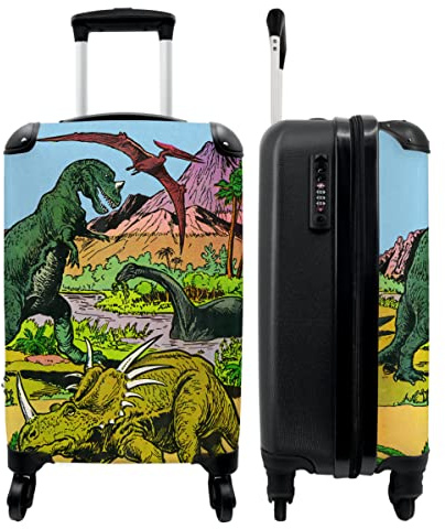 NoBoringSuitcases© Koffer Handgepäck | Kinderkoffer Jungen, Reisekoffer Kinder, Leichtgewicht, 4 Rollen, mit Retro Dinosauriermotiv, Zahlenschloss, UV-beständig,