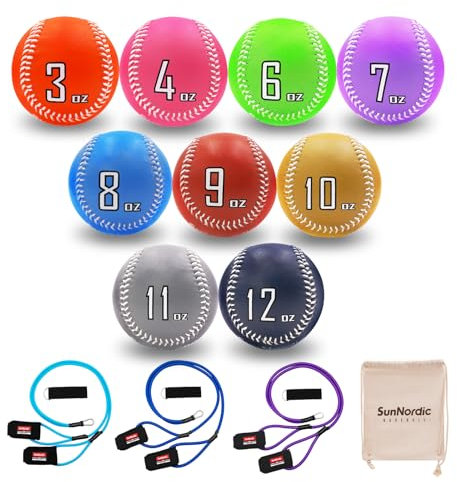 SunNordic läderviktade baseboller, set med 9 (35–12 oz) med 25 | 35 | 22,7 kg motståndsarmband för , slagning, slagspel, pitching träning, softbollbasebollar för alla färdighetsnivåer
