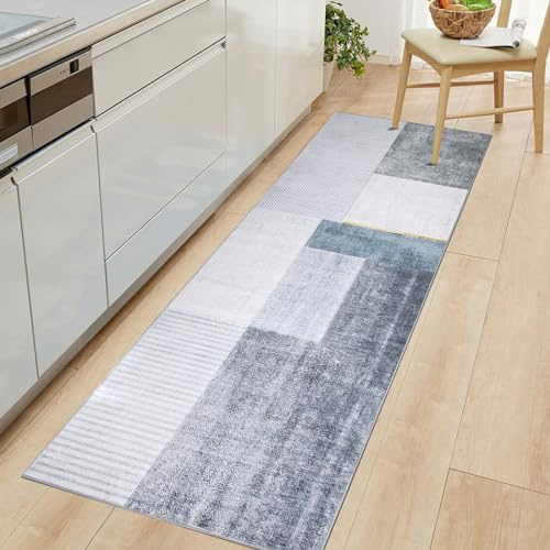 Calore Teppich Läufer Flur Waschbar rutschfest Abstrakt Moderner küchenteppich Kurzflor Langer Läufer für Flur, Küche, Wohnzimmer, Schlafzimmer, Wäsche (Grau/Blau/Gold, 60 x 240 cm)