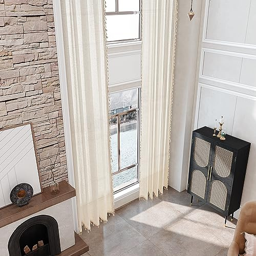 Sanceor Semi Blackout Boho Extra Long Curtain with Tassel,12ft Length 1 Panel,Custom Made Cream/Off White Light Filtering 2 Story Drape for High Ceilings，Living Room，Tall Window,W52 x L144