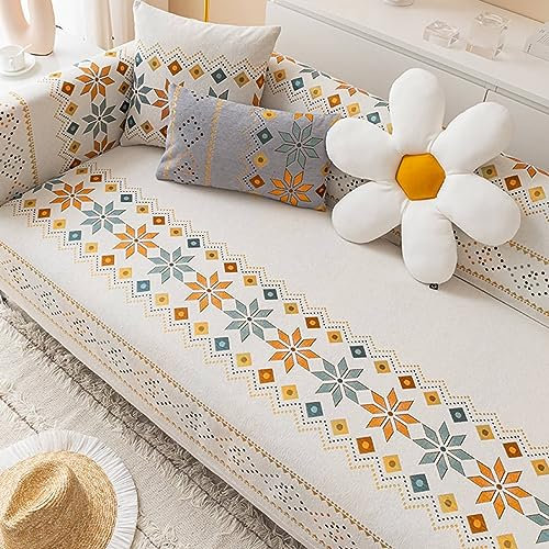 Mesnt Sofabezug 1 Sitzer, Beige Sofaüberwurf Decke Couch mit Geometrisches Blumenmuster im böhmischen Stil aus Chenille, 90x90cm