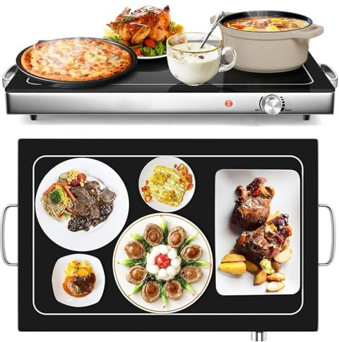 RELAX4LIFE Chauffe-Plat Électrique 300W avec Plaque en Verre Trempé 56 × 36 cm & Poignées Latérales en INOX pour Maintenir au Chaud, Traiteur, Buffet & Fête, Chauffe Rapide…
