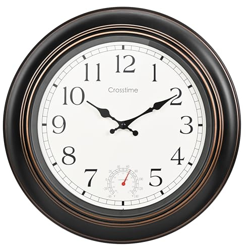 Crosstime 45 cm große Outdoor-Uhr wasserdicht mit Thermometer – 45 cm Bronze, Retro-Gartenuhr für Außenbereich, Terrasse, Pool, Veranda, Wanddekoration