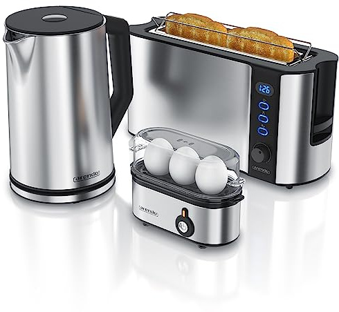 arendo Ensembles Bouilloire et Grille-Pain et cuiseur à Oeufs, Bouilloire en INOX 1,5L 40°-100°C, Toaster 2 Tranches, Ecran LED 6 Niveaux de brunissage Cuiseur à Oeufs 1-3 Oeufs, Verre doseur