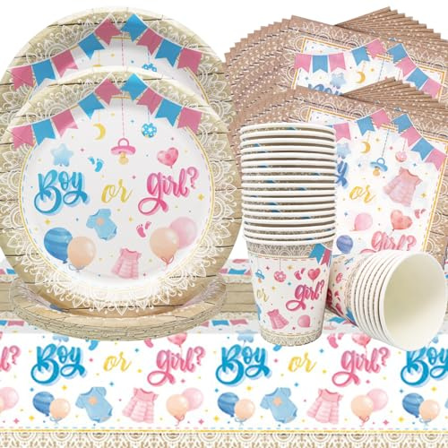 Doyomtoy - Vajilla para fiesta de bebé, 61 unidades, para cumpleaños infantiles, decoración de fiesta de género, platos, tazas, toallas de papel, manteles, decoración para 20 invitados (niño o niña)