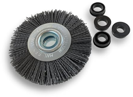 Kibros Brosse circulaire touret NYLON grain 120 Ø 125 mm 2 rangs | Garnissage NYLON abrasif carbure de silicium grain 120, alésage 16 mm + réducteurs bagues, pour touret ou meuleuse d'établi.