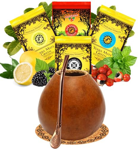 Yerba Mate Tee set mit natürlicher Kalebasse Pumpkin● Kürbistasse und Strohhalm Edelstahl Bombilla ● Yerba Mate Green 4x50g ● Mate Gourd Set