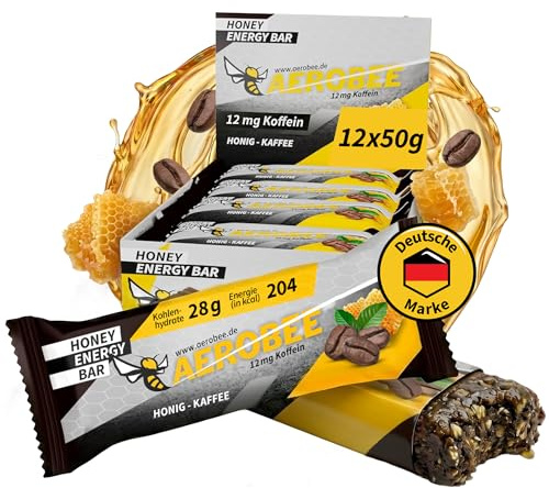 AEROBEE Energieriegel Honig & Kaffee – Haferriegel ohne Zuckerzusatz mit 12mg Koffein – Natürlicher Powerriegel für Ausdauersport, Marathon, Radfahren, Wandern & Büro – 12 x 50 g