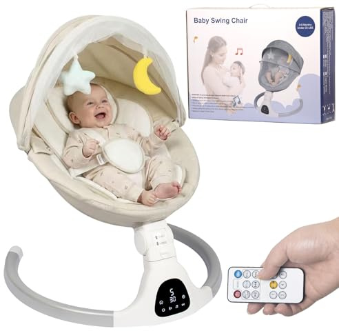 JFOVMCYG Elektrisk babygunga för spädbarn, med Bluetooth-fjärrkontroll, tidsfunktion och 10 musik, 5 gånghastigheter, 3 säten, babygunga för pojke, flicka, inomhus- och utomhusbruk (Lvory White)