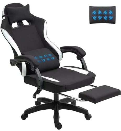 Fabric Massage Gaming Chair, Ergonomic Computer Chair, Video Game Chair, Massage Office Chair, Desk Swivel Chair, Adjustable, Reclining, Footrest, Massage Cushion, Fabric Material, Black, New