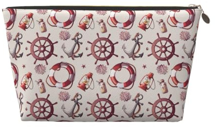 VOSERY Leather Makeup Bag, Cosmetic Bags Travel Toiletry Bag for Women, lifebuoy anchor rudder Makeup Bag Organizer, Cute Makeup Pouch, Waterproof Make up Bag