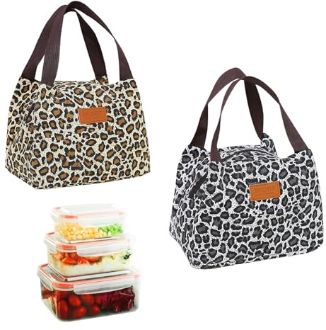 SHENGYIG 2 Pièces Sac Repas, Carré Sac Dejeuner, 5,28 Litres Grande Capacité Sac Pique Nique, Portable et Pliable, Fermeture à Glissière Impermé Léopard