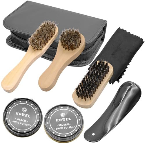Shoe & Polish Kit: Black Shoe Polish for Lasting Shine - Luxury Premium Soft Horsehair Bristle Dauber, Shoehorn, Cloth, Travel Case, 8-Piece