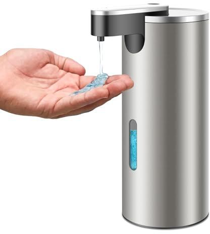 HMJIA Distributeur de savon de salle de bain automatique en acier inoxydable 3 niveaux réglables Capteur infrarouge IPX4 Waterproof 340 ml pour cuisine et salle de bain