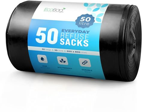 EcoBag - 50 Pack Extra Strong Heavy Duty Refuse Sacks - Recyclable Bin Bags, Leak Resistant, Eco-Friendly, Durable Waste Disposal Bags for Household & Commercial Use, 30 Micron (Μm) / 50l