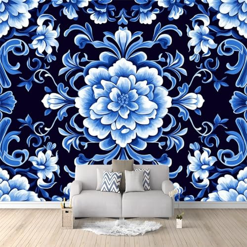 Papel tapiz panorámico 3D 200 x 140 cm Papel tapiz no tejido para Salón dormitorio infantil decoración Oriental Flores Azules Y Blancas patrón Mural Azul Oscuro Papel tapiz de fondo