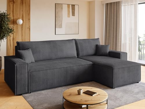 BROMARKT Sofa mit Schlaffunktion Couch L Cordstoff Sofa Bettkasten Schlafsofa für Wohnzimmer Ecksofa freistehend Adi Relaxsofa 3 sitzer 244x143x85 cm Grau