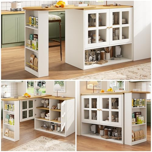 DRIXNO 360° Drehbare Essbar, multifunktional, Geeignet für Schlafzimmer, Wohnzimmer, Esszimmer, mit Snackregal, 5 Ablageflächen, Sideboardschrank mit Regalen und Glas, Weiß