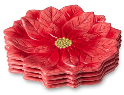 Winter Blooms Poinsettia Dessert Plates – Set of 4 3D Holiday Floral Plates, Red Christmas Appetizer & Dessert Dishes for Cookies, Sweets, Hors d’Oeuvres, Festive Table & Gift Giving