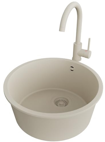 PRIMAGRAN Fregadero Granito al Mueble 50cm + Grifo, 46x46cm | Set: Grifo BW5010 + Kit de desagüe (sifón, válvula, rebosadero) + La Valeta Slim 1 Seno para Cocina, Todo Beige
