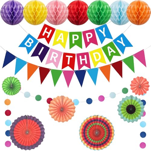 ZenyTra Regenbogen Geburtstag Deko Set | 16 Papierfächer & Komplett Girlande Set | Wiederverwendbare Partydeko mit Wabenbälle & Wimpelkette | Bunte Birthday Dekoration für Kindergeburtstag & Feiern