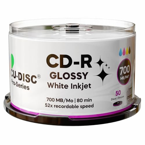 Acu-Disc Pro-Series Glossy White Inkjet CD-R 700MB 80min 52x – Full-Face Hub Printable Blank Discs for Duplication, Music, Data & Media Production (50)