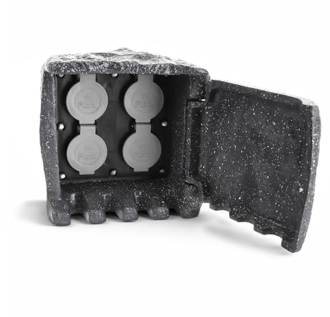 LED Universum - Gartensteckdose Steinoptik grau 3m Zuleitung 3680W max. Gesamtleistung aus witterungsfestem Kundstoff IP44 - Energiestation Energeistein Außensteckdose 20 x 20 x 20cm