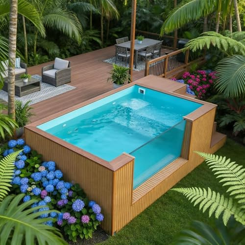 Piscina di immersione ad acqua fredda con pannello in vetro e rivestimento in legno | Piscina fuori terra compatta per oasi tropicale nel cortile e integrazione del ponte