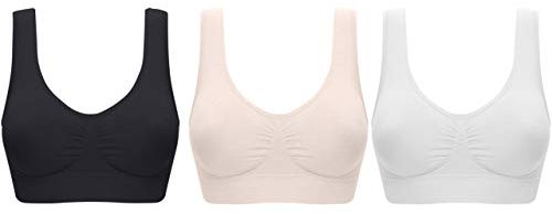 UtopyaUK 3 Pack Comfort Bra Padded Women Girls Crop Top Seamless Sleep in Yoga Bralette Leisure Stretch Sports Vest Wide Straps Value Pack Wire Free (Large, White/Black/Nude)