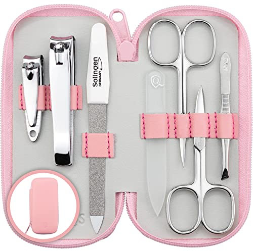 marQus Maniküre Set Damen und Herren Solingen Made in Germany 7 Teile mit patenierter Glasfeile für Hand- und Fußpflege - Echt Leder Etui handlich und weich
