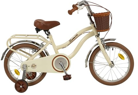 Toimsa Vintage 16 inch Kids Bike/Bicycle, with a retro look rear carrier rack and front wicker style basket and training wheel stabilisers, 5-7 Years, Beige and Brown