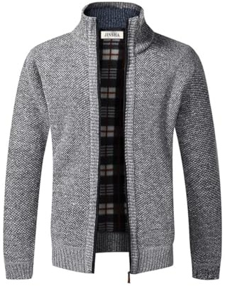 Cárdigan de Punto para Hombre, suéter Grueso con Cremallera Completa y Cuello Alto, cálido suéter con Forro Polar para Invierno(Light Gray M)