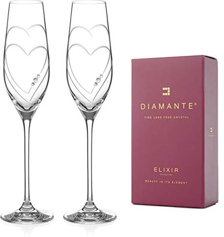 DIAMANTE Crystal Champagne Flutes Prosecco Glasses - ‘Loving Heart’- Embellished with Beautiful Crystals – Set of 2