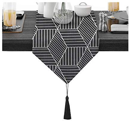 Homxi Herbstdeko Tischläufer,30x280CM,Geometrisches Muster mit Quaste Tischläufer Herbst Modern Baumwolle,Tischläufer Kleiner Rechteck Tisch Schwarz