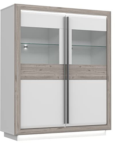 Newroom Vitrine Nelson Eiche und Weiß Hochglanz Vitrinenschrank Modern - 133,7x160,5x53 cm (BxHxT) - Glasvitrine Standvitrine Glasschrank - [Pouline.Three] Wohnzimmer Wohnstube