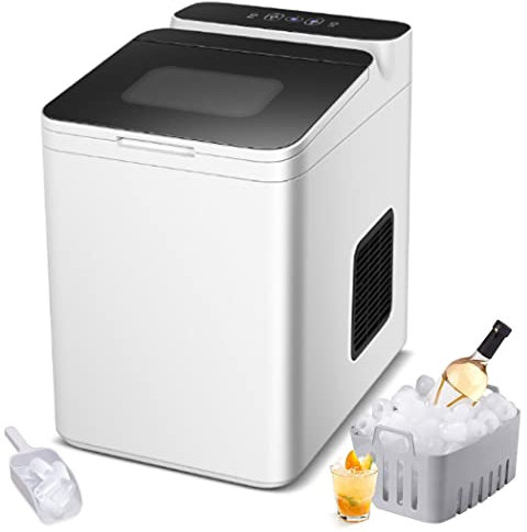 0℃ Outdoor Ice Maker Machine Counter Top, 1.5L Compact Portable Countertop Ice Cube Maker with Ice Scoop and Removable Basket, 6-10 Mins Ice Cubes 10-12kg in 24 Hrs, for Home,Party,Bar,Office,white