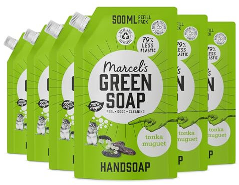 Marcel's Green Soap - Handseife Nachfüllpack Tonka & Muguet - Flüssigseife Spender-Nachfüllpack - 100% umweltfreundlich - 100% vegan - 97% biologisch abbaubar - 6er-Pack - 500 ml