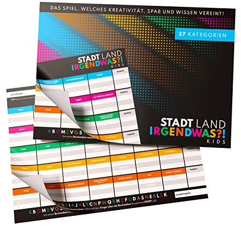 Stadt, Land, IRGENDWAS?! Kids - Stadt, Land, Fluss Partyspiel für Kinder und Jugendliche - Spieleblock im DIN A4 Format mit 27 Kategorien als Geburtstagsgeschenk, Kinderspiel oder Familienspiel