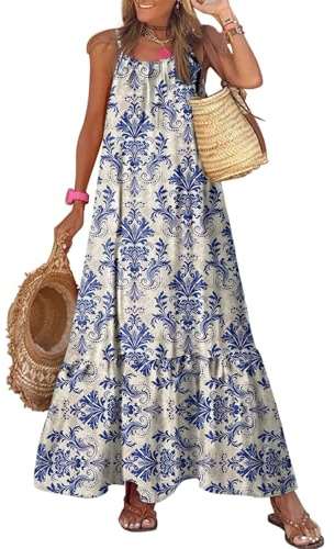 Dokotoo Summer Dresses for Women 2025 Scoop Neck Boho Dress Spaghetti Strap Sleeveless Beach Dress Ruffle A Line Maxi Dress Beach Vacation Essentials Small Sky Blue