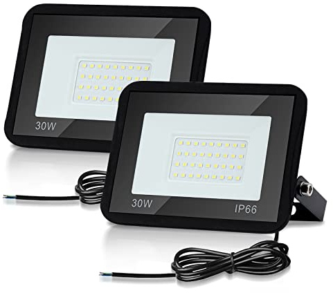 Lospitch Faretto LED da Esterno 30W 2 Pezzi, Faretti LED Impermeabile IP66, Super Luminosa 2550LM Bianco Freddo, 6000K Faro LED Esterno, per Cortile Garage Piazza (Nessuna Spina)