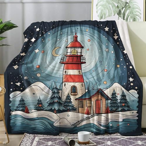 Kuscheldecke Leuchtturm Mond Sterne Flauschig Decke 220x240 Weihnachten Fleecedecke Sofadecke Couchdecke, Flanell Decken Blanket, Große XXL Wohndecke Winter Warm Weich