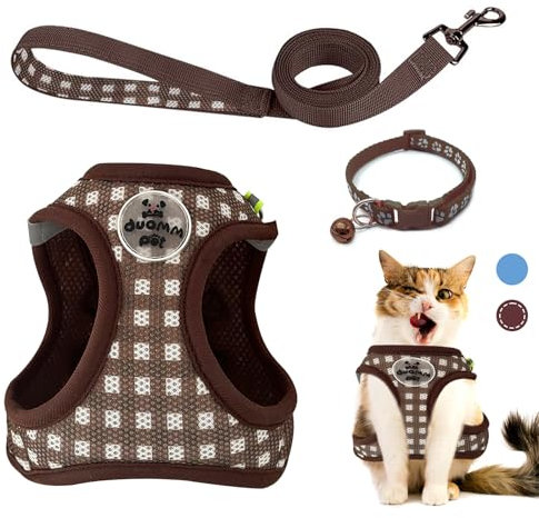 VINEST Katzengeschirr mit Leine Ausbruchsicher für 2,5-5,5 kg, 150cm Reflektierende Katzenleine mit Geschirr für Katzen Welpen, Weich Mesh Katzengeschirr Ausbruchsicher mit Katzenhalsband (Braun, S)