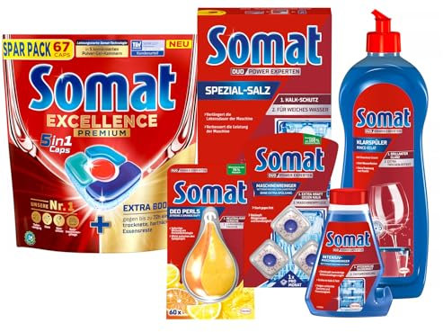 SOMAT 5in1 Caps 67 AW Excellence Premium, schnellauflösende Spülmaschinentabs mit Extra Boost + Klarspüler + Intensiv-Maschinenreiniger + Spezial-Salz + Deo Perls + Maschinenreiniger