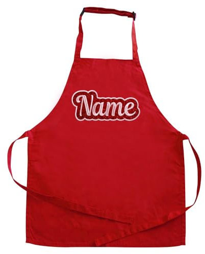 Elefantasie Personalisierte Schürze mit Name auf GLITZER gestickt, Kochschürze zum Backen, Kochen für Kinder und Erwachsene 3-6 Jahre rot