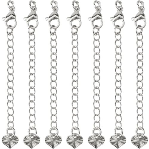 CREATCABIN 20 Stück Kettenverlängerungen Für Halsketten,Messingkabelkettenverlängerung,Verstellbare Kettenglieder Mit Karabinerverschluss,Herzkettenlaschen Für DIY-Schmuck,Armbänder,Silber,6.5cm