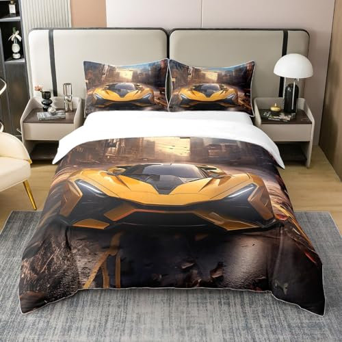 Jungen Race Car 100% Natürliche Baumwolle Bettbezug 135x200,Coole Sport Auto Tröster Abdeckung für Teens Kinder,Extreme Sport Thema Bettwäsche Set Schlafzimmer Dekor Mit Reißverschluss Krawatten,Gelb